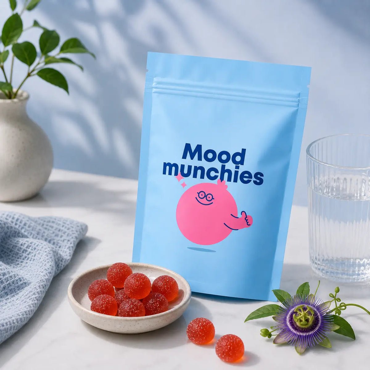 A light blue stand-up pouch labeled 'Mood munchies' with a pink cartoon character, styled on a tabletop with red gummy candies in a small bowl, a glass of water, a plant, and a purple flower.