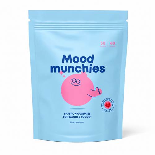 A light blue stand-up pouch of 'Mood munchies' dietary supplement, featuring a pink cartoon pig character and text indicating saffron flavor and 60 gummies.